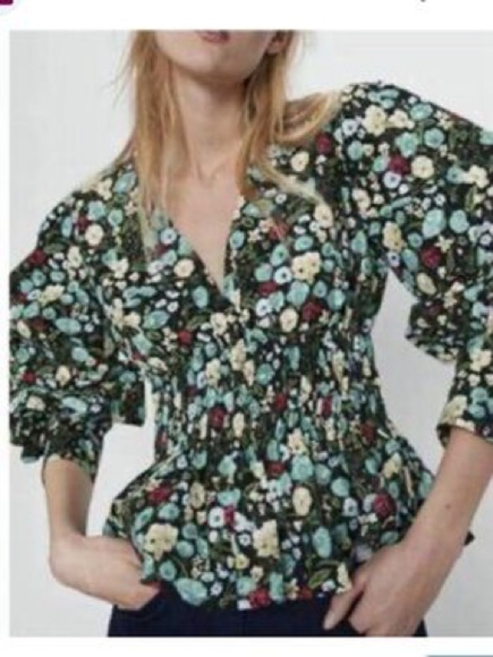 Zara Black Floral Smocked Peplum Blouse